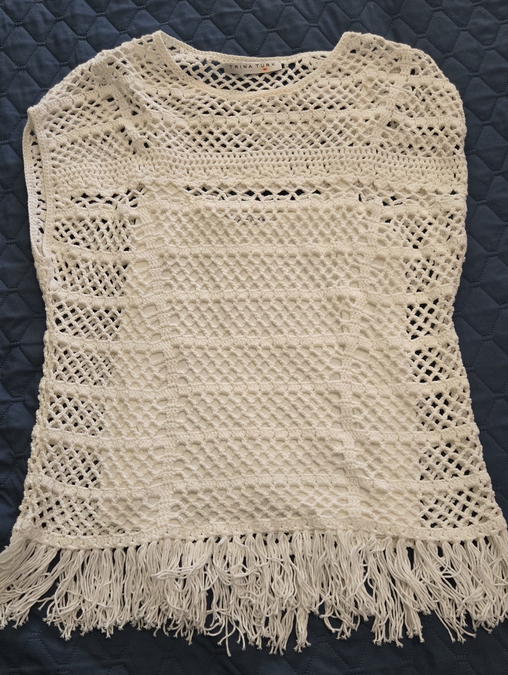 Trina Turk Cream Crochet Fringe Poncho Cover Up